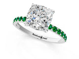 White gold Cushion Cut Diamond Solitaire Ring with Round with Emerald side stone Pavé Band and Prong Setting_13
