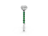 White gold Cushion Cut Diamond Solitaire Ring with Round with Emerald side stone Pavé Band and Prong Setting_14