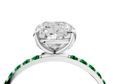 White gold Cushion Cut Diamond Solitaire Ring with Round with Emerald side stone Pavé Band and Prong Setting_16