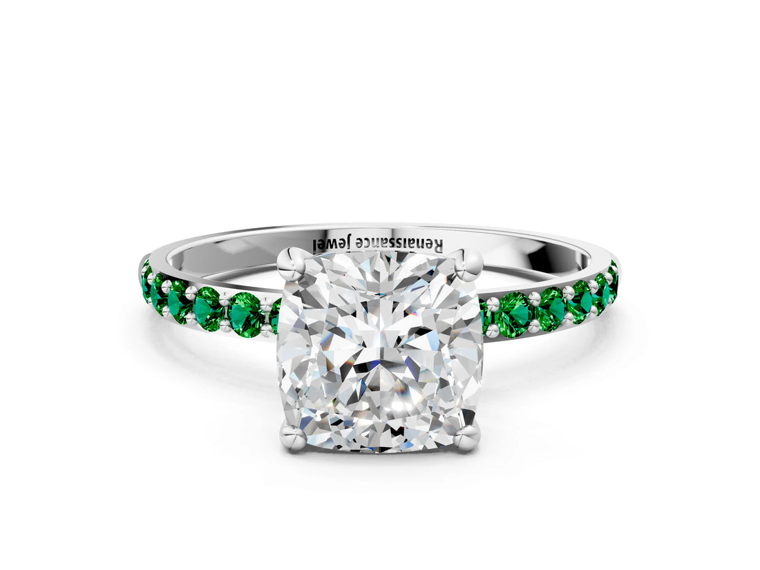 White gold Cushion Cut Diamond Solitaire Ring with Round with Emerald side stone Pavé Band and Prong Setting_24