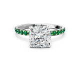 White gold Cushion Cut Diamond Solitaire Ring with Round with Emerald side stone Pavé Band and Prong Setting_24