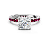 White gold Cushion Cut Diamond Solitaire Ring with Round with Garnet side stone Pavé Band and Four-Prong Setting