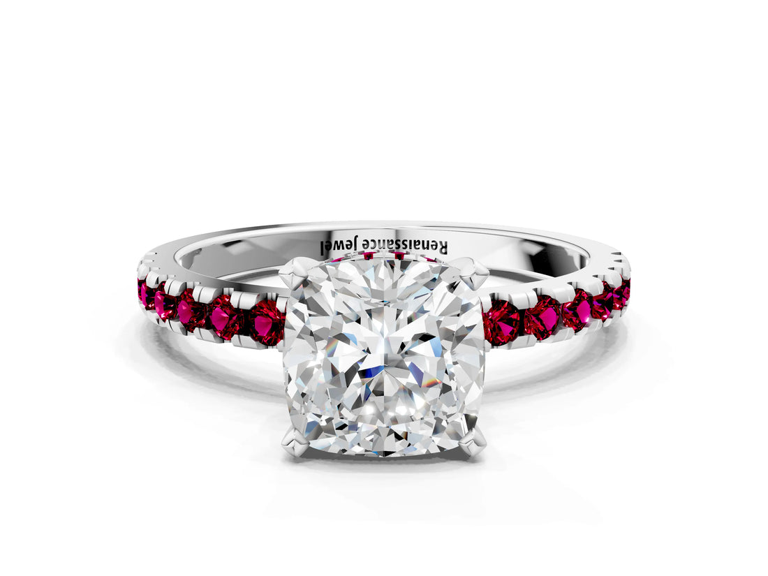 White gold Cushion Cut Diamond Solitaire Ring with Round with Garnet side stone Pavé Band and Four-Prong Setting_12