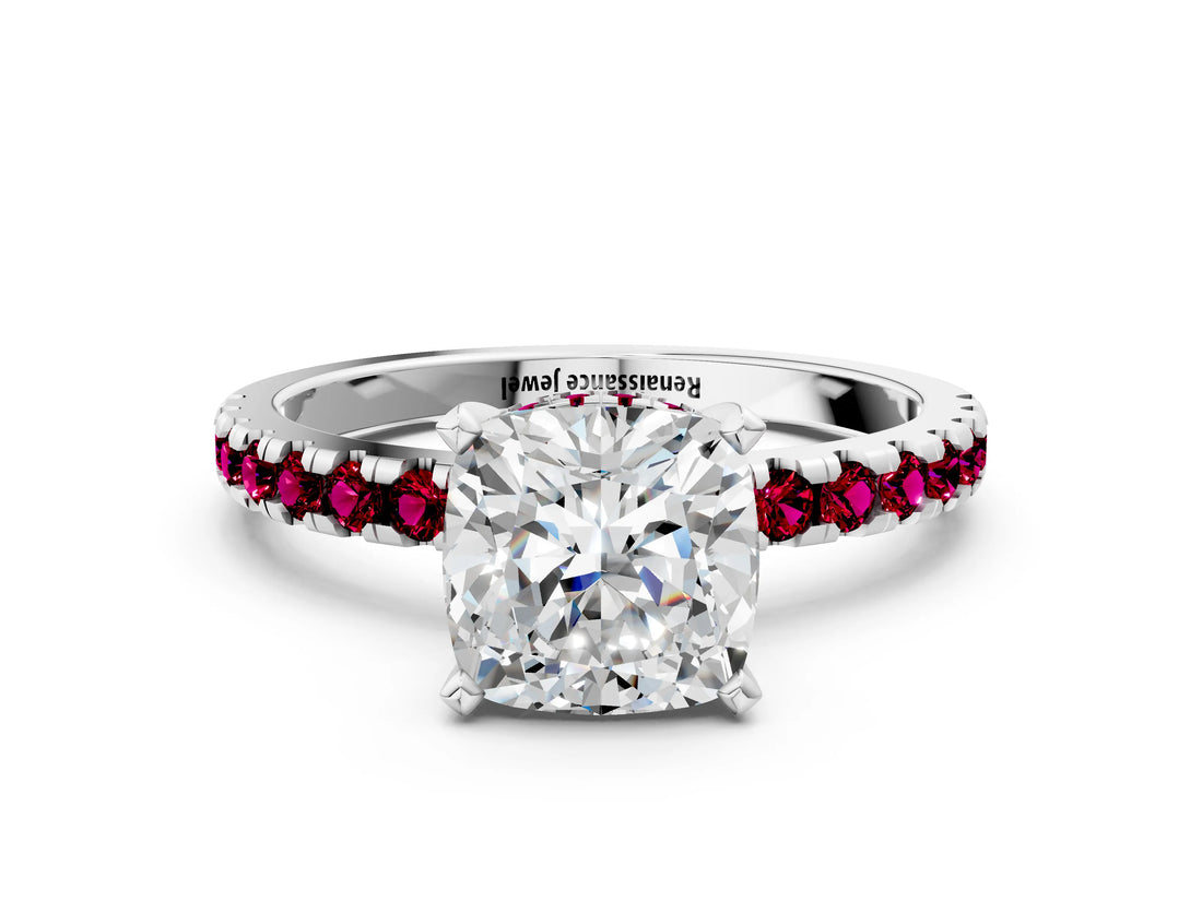 White gold Cushion Cut Diamond Solitaire Ring with Round with Garnet side stone Pavé Band and Four-Prong Setting_36