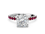 White gold Cushion Cut Diamond Solitaire Ring with Round with Garnet side stone Pavé Band and Prong Setting_12