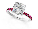 White gold Cushion Cut Diamond Solitaire Ring with Round with Garnet side stone Pavé Band and Prong Setting_13