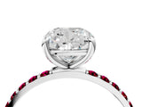 White gold Cushion Cut Diamond Solitaire Ring with Round with Garnet side stone Pavé Band and Prong Setting_16
