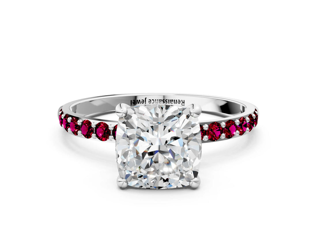 White gold Cushion Cut Diamond Solitaire Ring with Round with Garnet side stone Pavé Band and Prong Setting_24