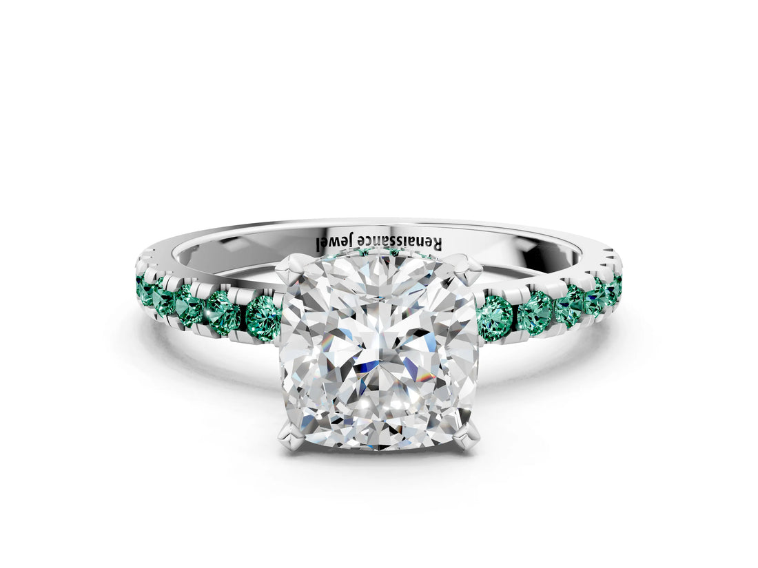 White gold Cushion Cut Diamond Solitaire Ring with Round with Green Sapphire side stone Pavé Band and Four-Prong Setting_12