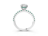 White gold Cushion Cut Diamond Solitaire Ring with Round with Green Sapphire side stone Pavé Band and Four-Prong Setting_15