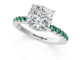 White gold Cushion Cut Diamond Solitaire Ring with Round with Green Sapphire side stone Pavé Band and Four-Prong Setting_1