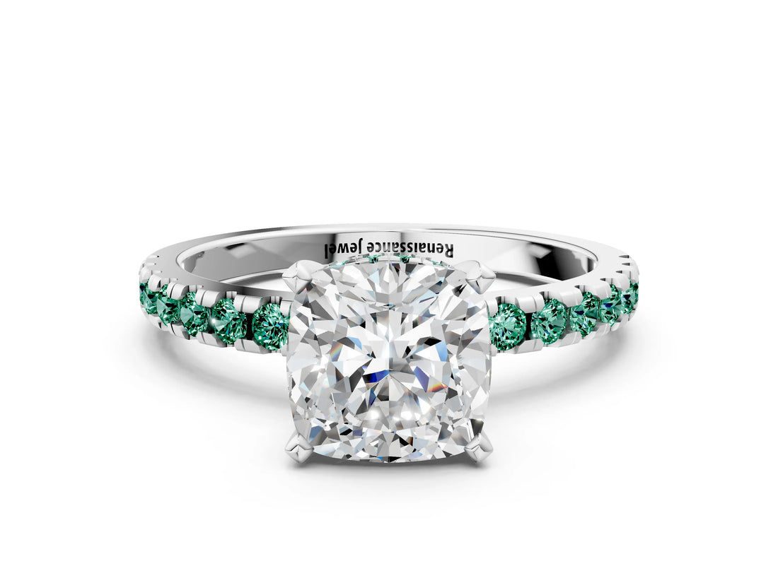 White gold Cushion Cut Diamond Solitaire Ring with Round with Green Sapphire side stone Pavé Band and Four-Prong Setting_36