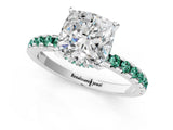White gold Cushion Cut Diamond Solitaire Ring with Round with Green Sapphire side stone Pavé Band and Four-Prong Setting_37