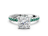 White gold Cushion Cut Diamond Solitaire Ring with Round with Green Sapphire side stone Pavé Band and Four-Prong Setting