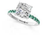 White gold Cushion Cut Diamond Solitaire Ring with Round with Green Sapphire side stone Pavé Band and Prong Setting_37