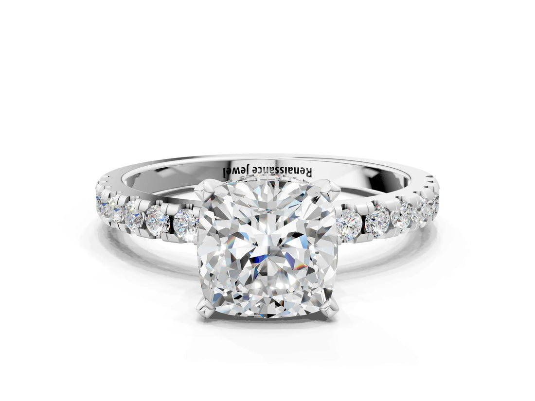 White gold Cushion Cut Diamond Solitaire Ring with Round with Moissanite side stone Pavé Band and Four-Prong Setting_12