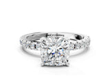 White gold Cushion Cut Diamond Solitaire Ring with Round with Moissanite side stone Pavé Band and Four-Prong Setting_12