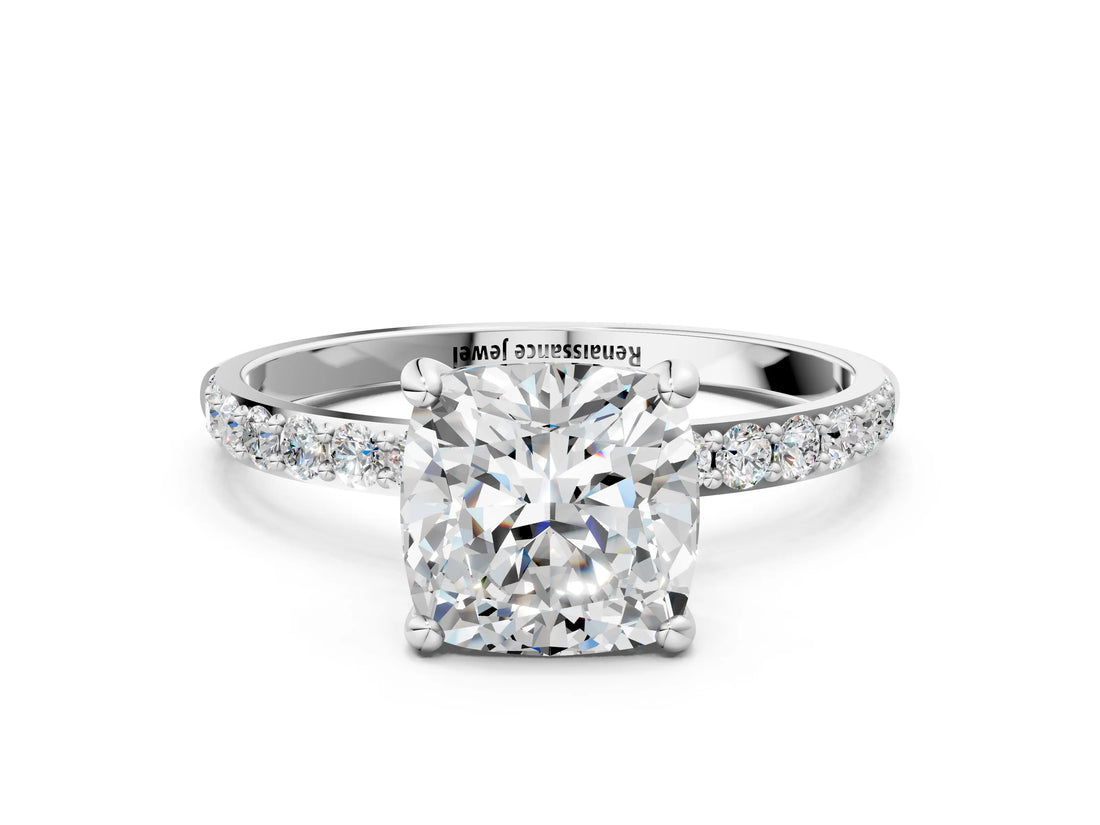 White gold Cushion Cut Diamond Solitaire Ring with Round with Moissanite side stone Pavé Band and Prong Setting