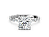 White gold Cushion Cut Diamond Solitaire Ring with Round with Moissanite side stone Pavé Band and Prong Setting