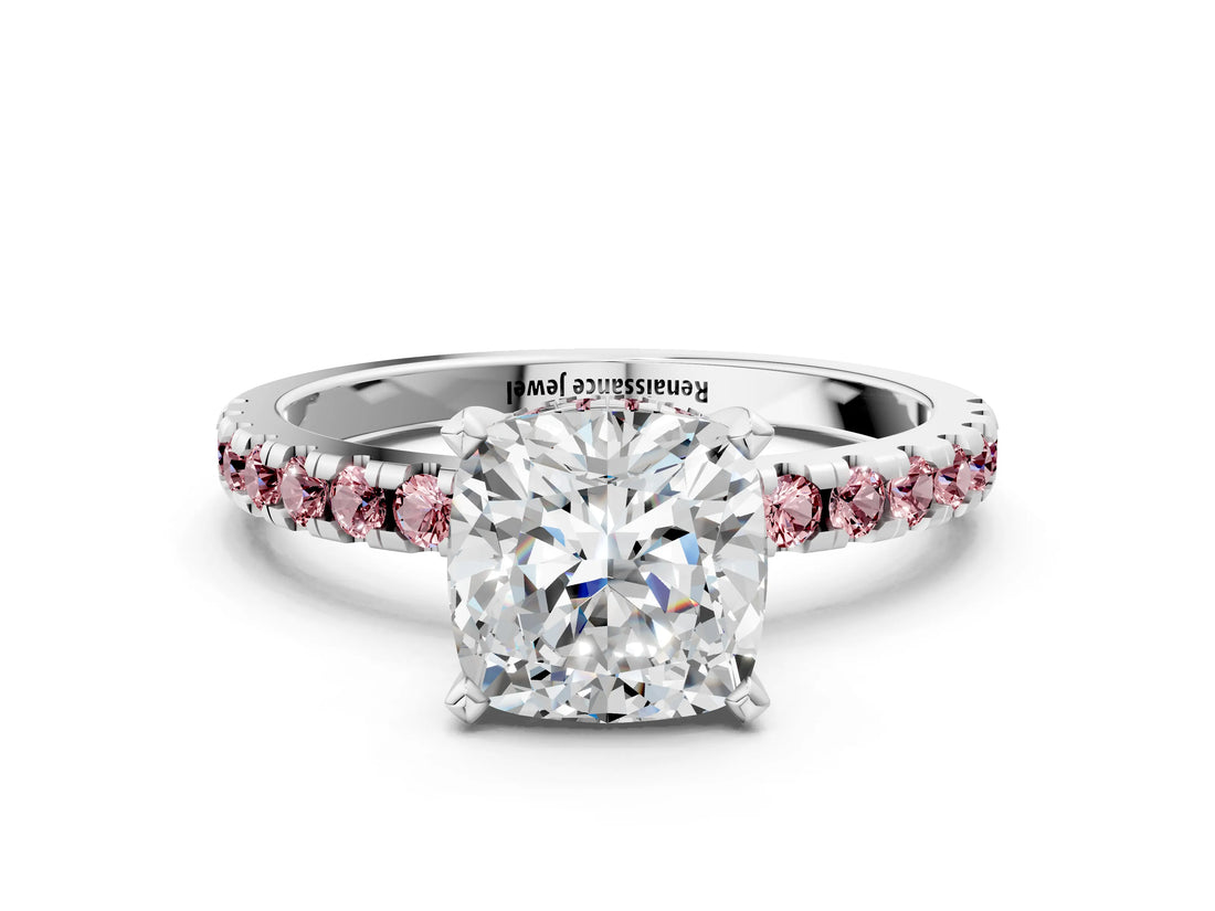 White gold Cushion Cut Diamond Solitaire Ring with Round with Morganite side stone Pavé Band and Four-Prong Setting_12