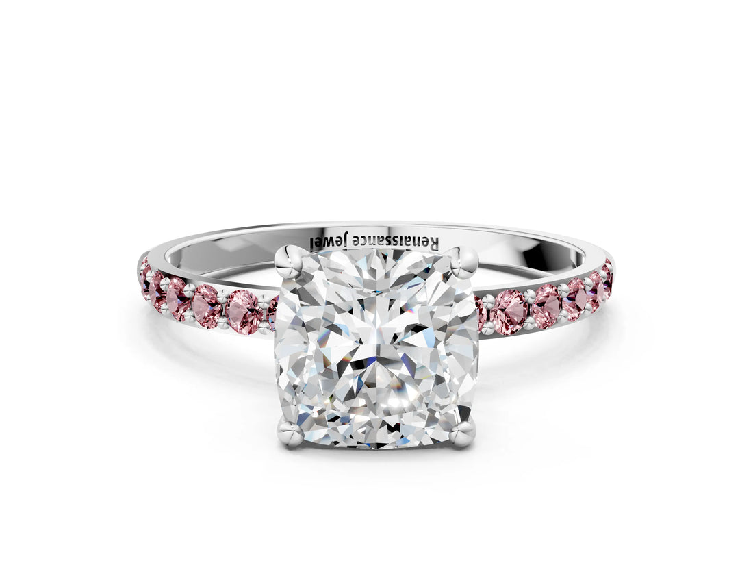 White gold Cushion Cut Diamond Solitaire Ring with Round with Morganite side stone Pavé Band and Prong Setting_12