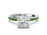 White gold Cushion Cut Diamond Solitaire Ring with Round with Peridot side stone Pavé Band and Four-Prong Setting