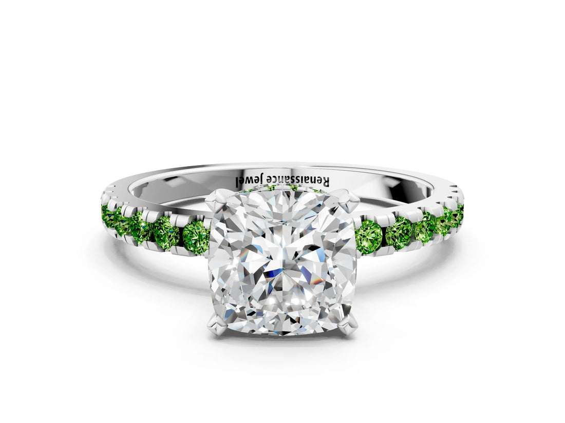 White gold Cushion Cut Diamond Solitaire Ring with Round with Peridot side stone Pavé Band and Four-Prong Setting