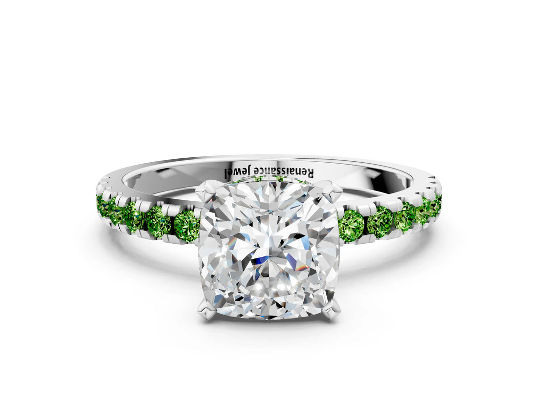 White gold Cushion Cut Diamond Solitaire Ring with Round with Peridot side stone Pavé Band and Four-Prong Setting_36