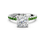 White gold Cushion Cut Diamond Solitaire Ring with Round with Peridot side stone Pavé Band and Four-Prong Setting_36