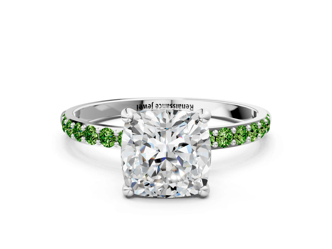 White gold Cushion Cut Diamond Solitaire Ring with Round with Peridot side stone Pavé Band and Prong Setting_12