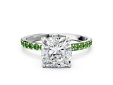 White gold Cushion Cut Diamond Solitaire Ring with Round with Peridot side stone Pavé Band and Prong Setting_12