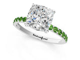 White gold Cushion Cut Diamond Solitaire Ring with Round with Peridot side stone Pavé Band and Prong Setting_13