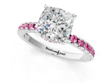 White gold Cushion Cut Diamond Solitaire Ring with Round with Pink Sapphire side stone Pavé Band and Four-Prong Setting_1