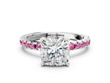 White gold Cushion Cut Diamond Solitaire Ring with Round with Pink Sapphire side stone Pavé Band and Four-Prong Setting_36