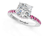 White gold Cushion Cut Diamond Solitaire Ring with Round with Pink Sapphire side stone Pavé Band and Four-Prong Setting_37