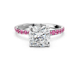 White gold Cushion Cut Diamond Solitaire Ring with Round with Pink Sapphire side stone Pavé Band and Prong Setting