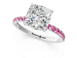 White gold Cushion Cut Diamond Solitaire Ring with Round with Pink Sapphire side stone Pavé Band and Prong Setting_13