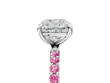 White gold Cushion Cut Diamond Solitaire Ring with Round with Pink Sapphire side stone Pavé Band and Prong Setting_17