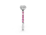 White gold Cushion Cut Diamond Solitaire Ring with Round with Pink Sapphire side stone Pavé Band and Prong Setting_2