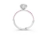 White gold Cushion Cut Diamond Solitaire Ring with Round with Pink Sapphire side stone Pavé Band and Prong Setting_3