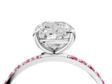 White gold Cushion Cut Diamond Solitaire Ring with Round with Pink Sapphire side stone Pavé Band and Prong Setting_4