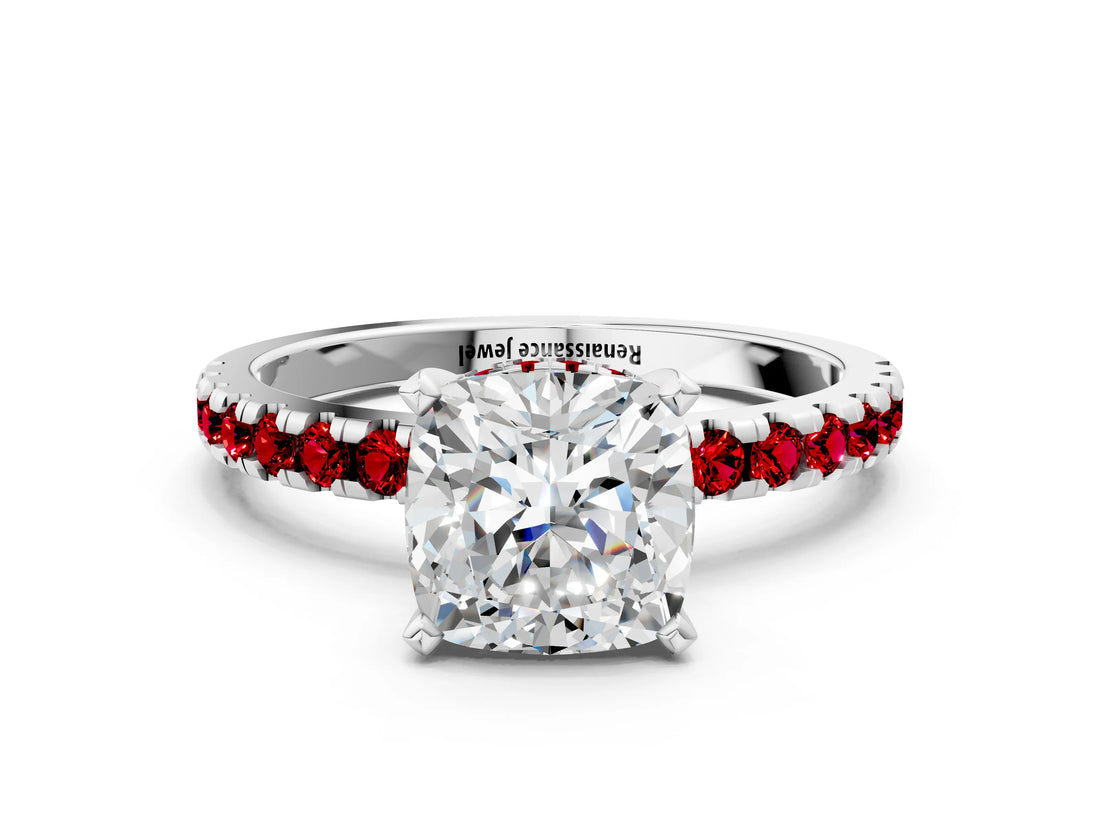 White gold Cushion Cut Diamond Solitaire Ring with Round with Ruby side stone Pavé Band and Four-Prong Setting