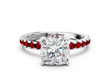 White gold Cushion Cut Diamond Solitaire Ring with Round with Ruby side stone Pavé Band and Four-Prong Setting