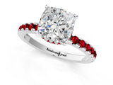 White gold Cushion Cut Diamond Solitaire Ring with Round with Ruby side stone Pavé Band and Four-Prong Setting_13