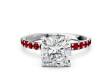 White gold Cushion Cut Diamond Solitaire Ring with Round with Ruby side stone Pavé Band and Prong Setting_24