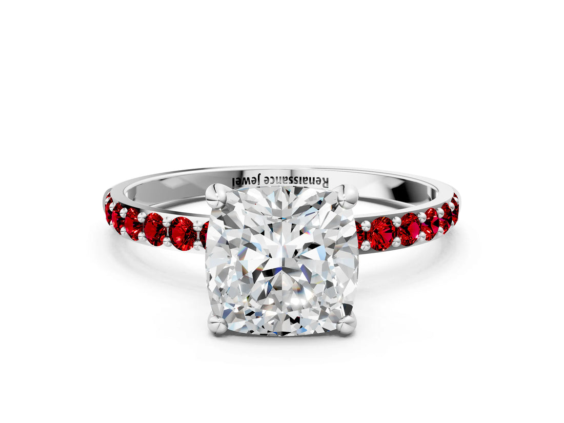 White gold Cushion Cut Diamond Solitaire Ring with Round with Ruby side stone Pavé Band and Prong Setting_36