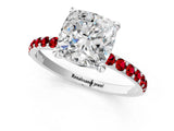 White gold Cushion Cut Diamond Solitaire Ring with Round with Ruby side stone Pavé Band and Prong Setting_37