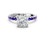 White gold Cushion Cut Diamond Solitaire Ring with Round with Tanzanite side stone Pavé Band and Four-Prong Setting_12