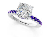 White gold Cushion Cut Diamond Solitaire Ring with Round with Tanzanite side stone Pavé Band and Four-Prong Setting_13