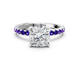 White gold Cushion Cut Diamond Solitaire Ring with Round with Tanzanite side stone Pavé Band and Four-Prong Setting_36
